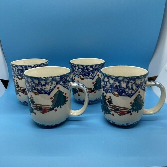 Set of 4 Tienshan Folk Craft Cabin In The Snow Holiday Christmas Blue Mugs Cups - Picture 1 of 5